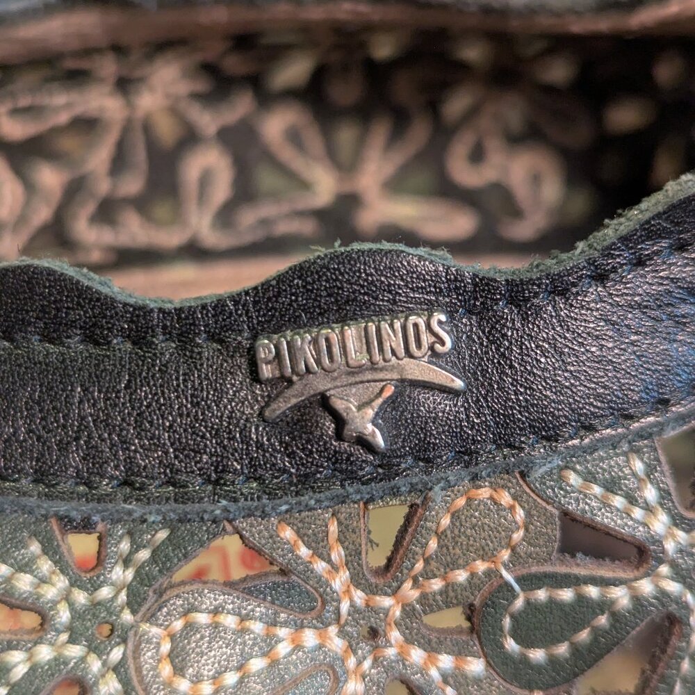 Pikolinos "Romana" Slingback Leather Floral cut-out Sandals Black/Green sz EU 40 - Picture 10 of 16